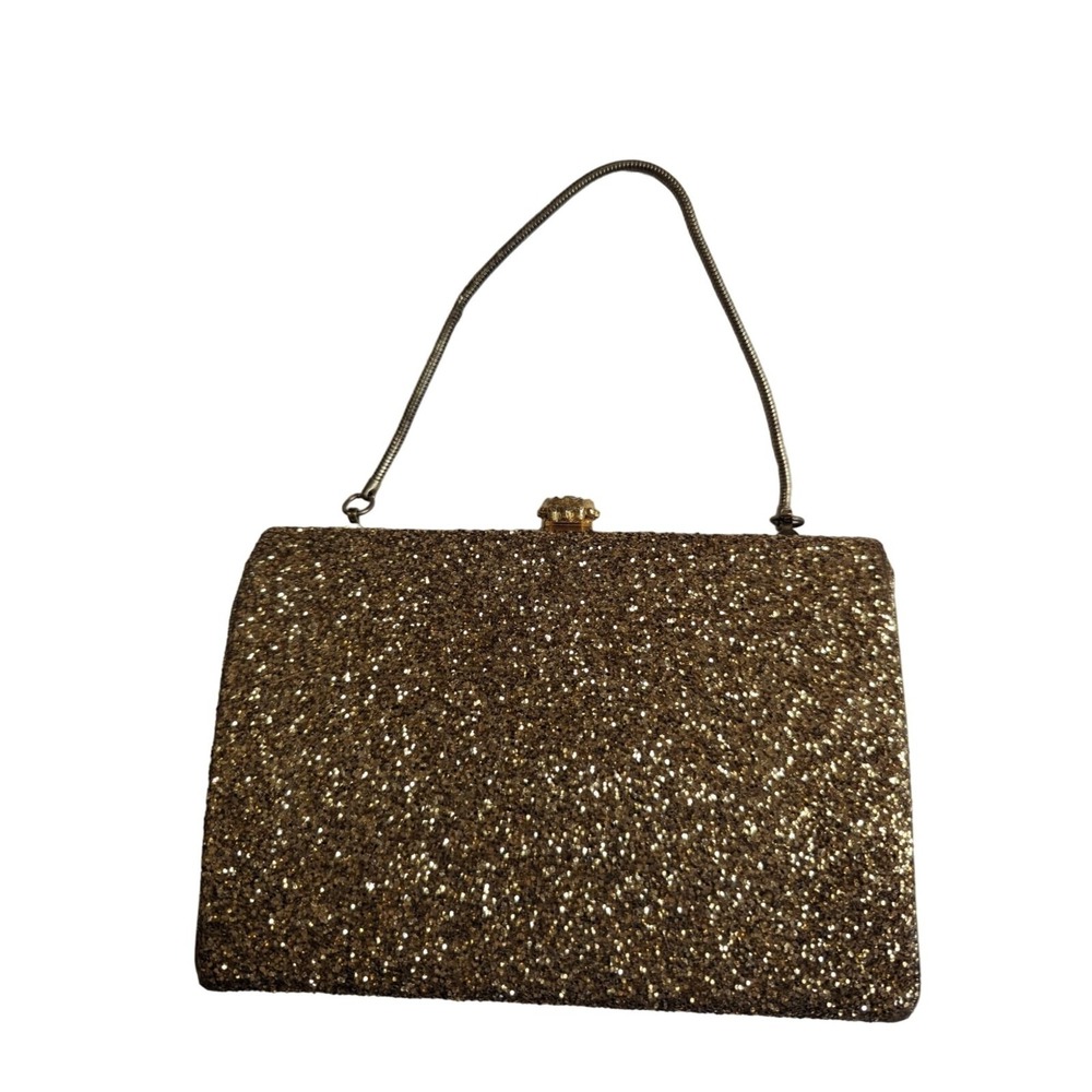 Vintage Gold Glitter Evening Clutch Bag Rhinestone Clasp Formal Handbag 8 Inch‎